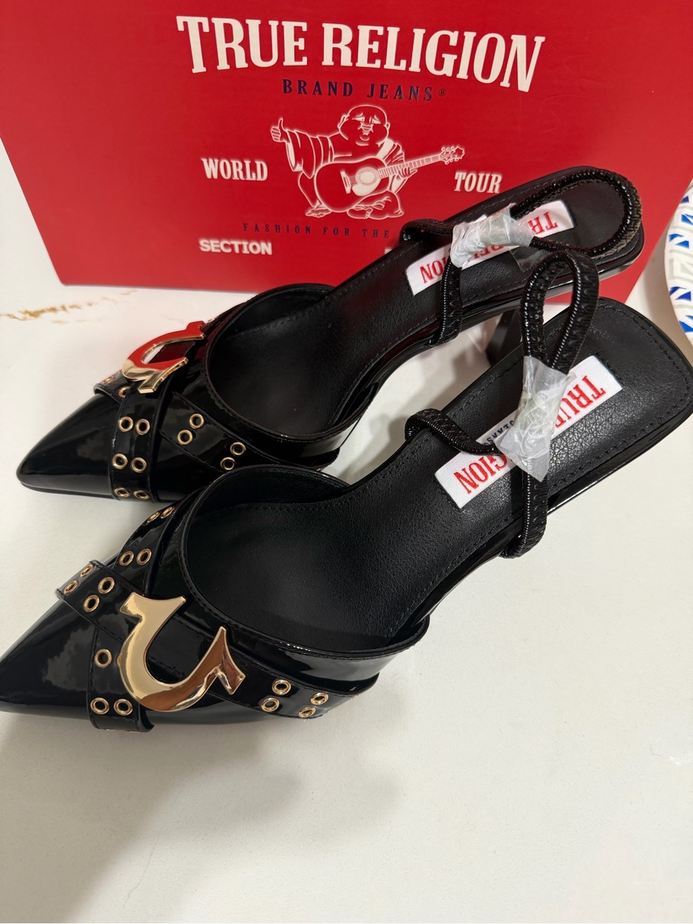 True Religion Black Patent Pointed-Toe Mules with Gold Hardware - Picture 2 of 9